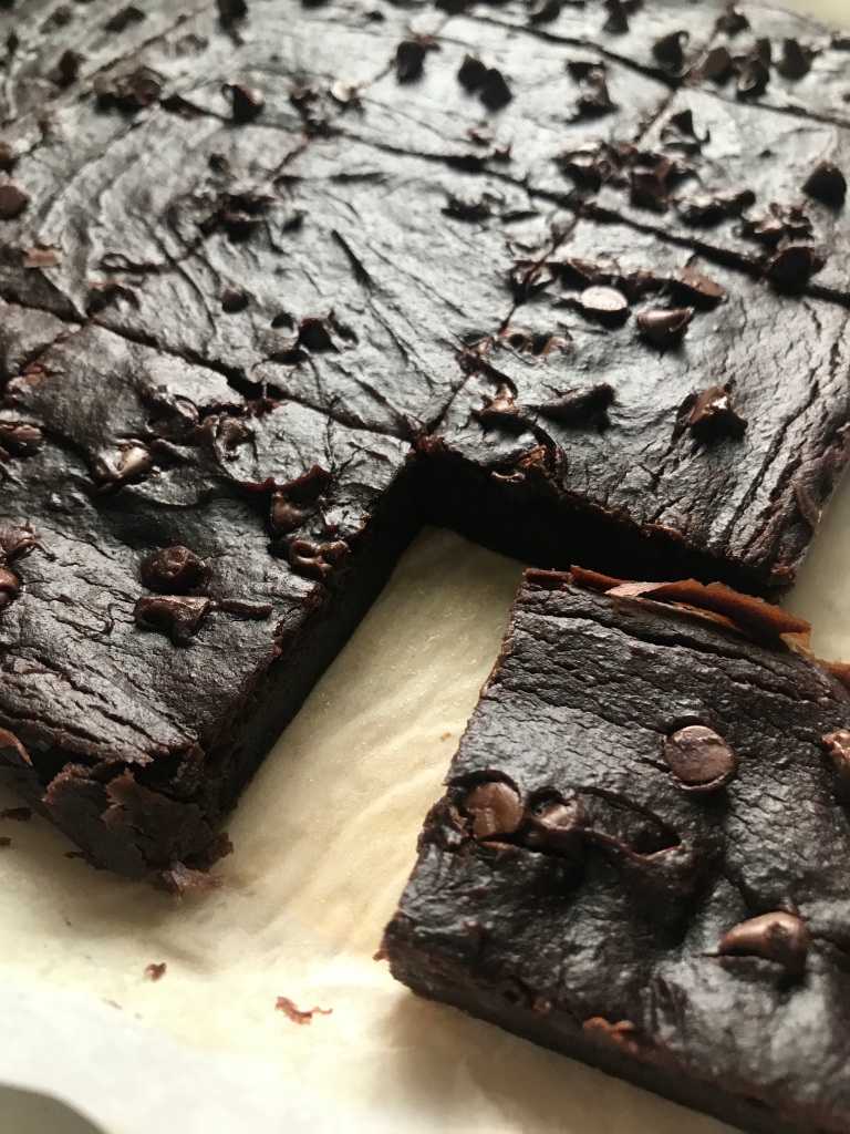 vegan avocado brownie cut into squares